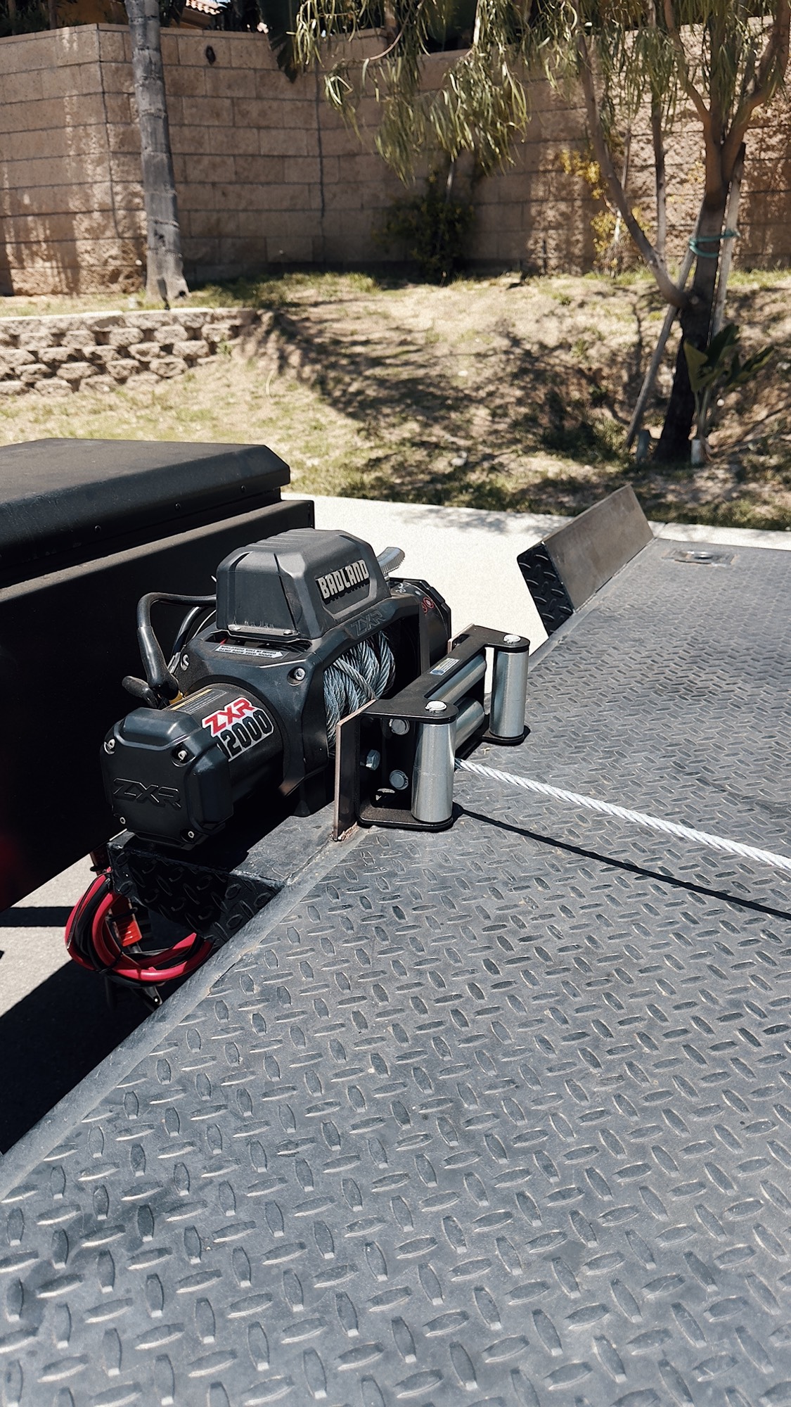 Badland 12,000 lb winch mounted on the trailer