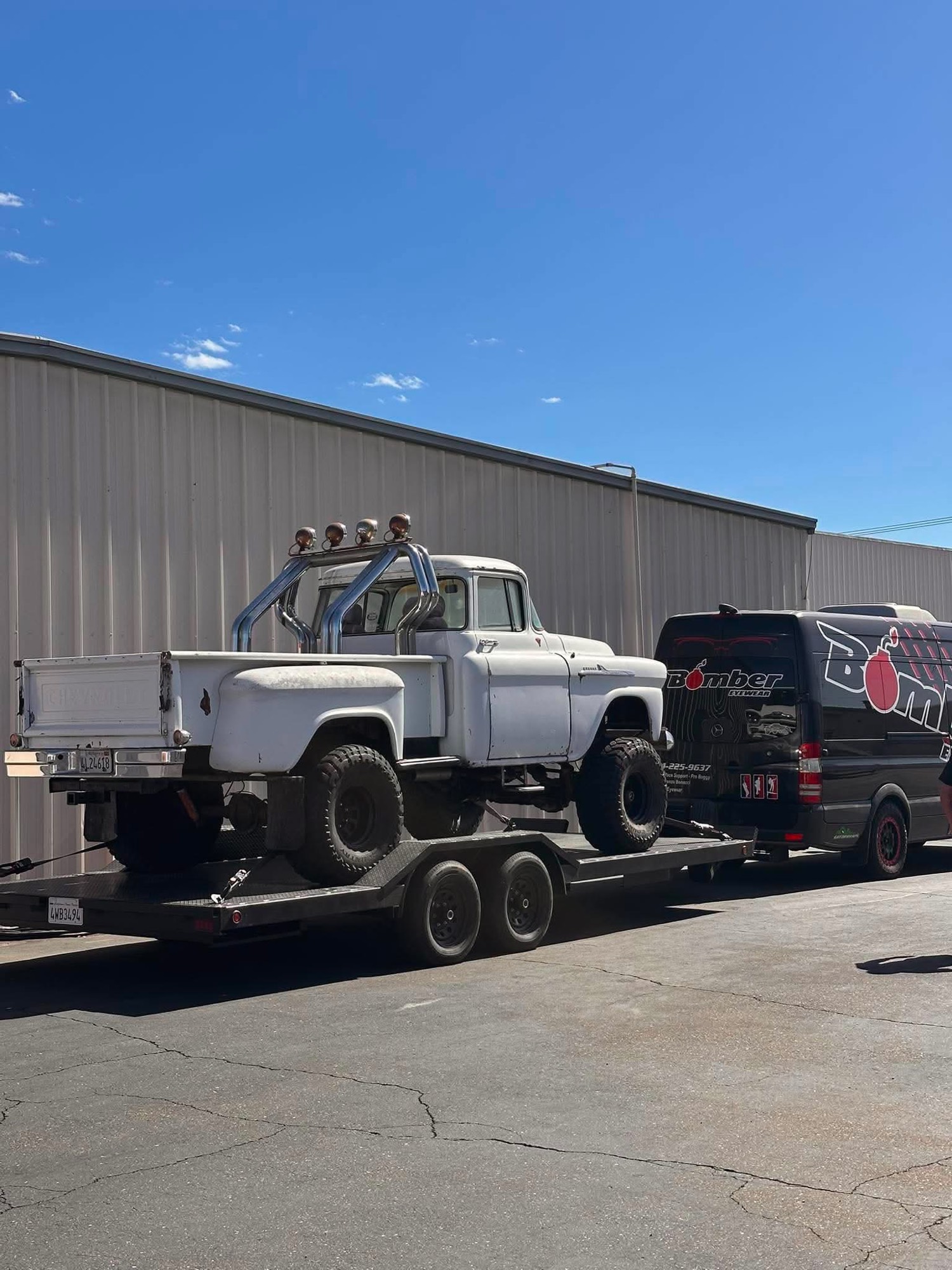 Lifted classic Chevrolet Apache loaded on the 412 trailer